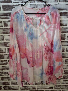 Soft Surroundings 2X Tunic Top Semi Sheer White Pink Floral Beadwork 5DZ19